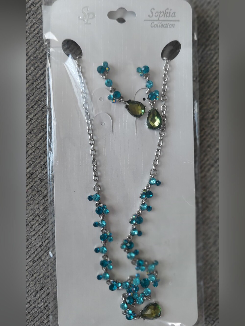Sophia Collection Blue Crystal Necklace with Olive Teardrop Pendant